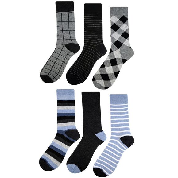 Mens Argyle & Striped Print 6-Pack Blue Black Gray Crew Socks - Picture 1 of 5